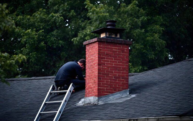 Mason repointing and repairing a red brick chimney on a San Fernando Valley roof
