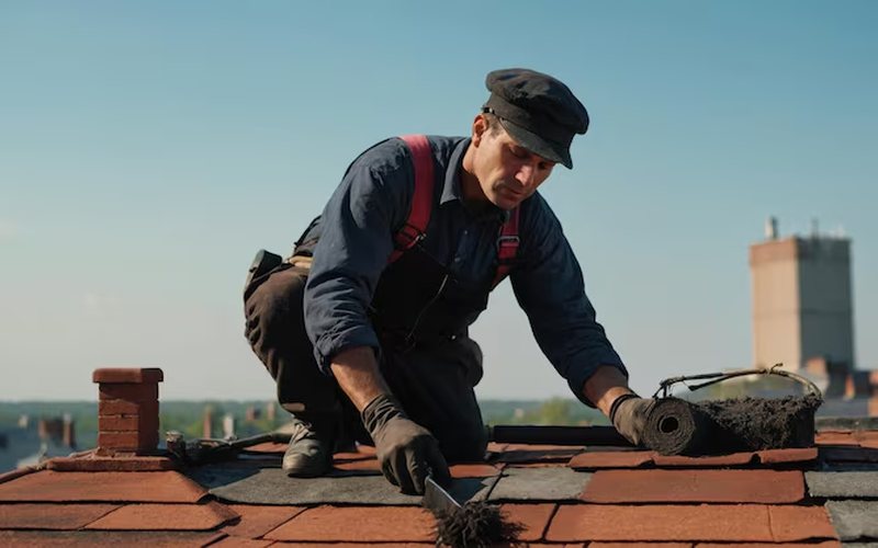 Chimney tech sealing roof tile flashing around a chimney for crown waterproofing
