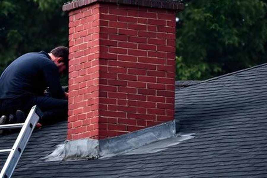 Mason bedding new lead flashing where a red brick chimney meets the roof in Panorama City
