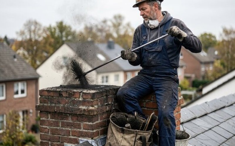 Chimney sweep brushing creosote from a masonry flue during an annual sweep and inspection