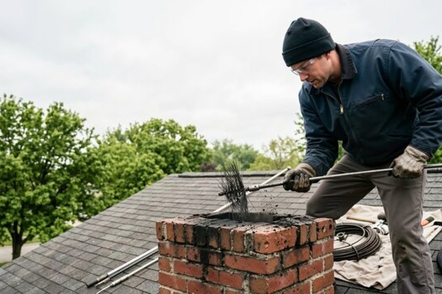 Van Nuys chimney sweep working a rod and brush down a brick flue from the roof