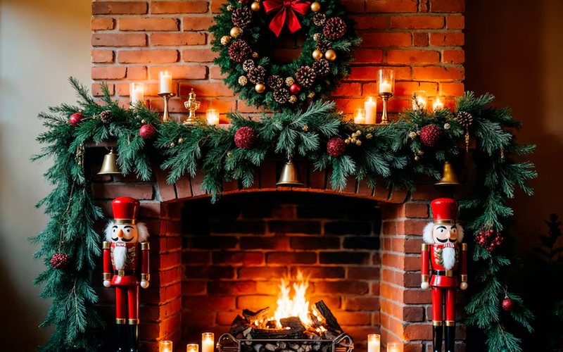 Custom brick fireplace build-out with a finished hearth and mantel