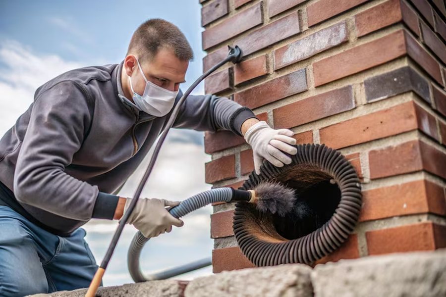 Technician running a HEPA vacuum line into a brick wall vent during a dryer vent cleaning in Sherman Oaks