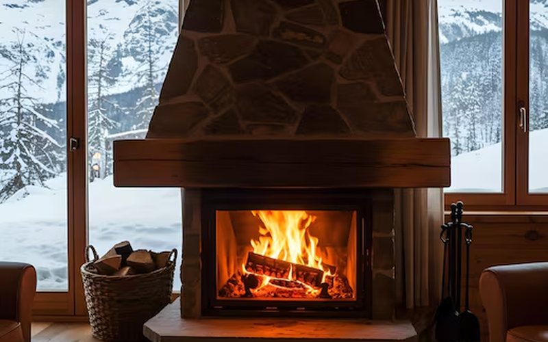 Restored stone fireplace with a live fire after a firebox and damper rebuild